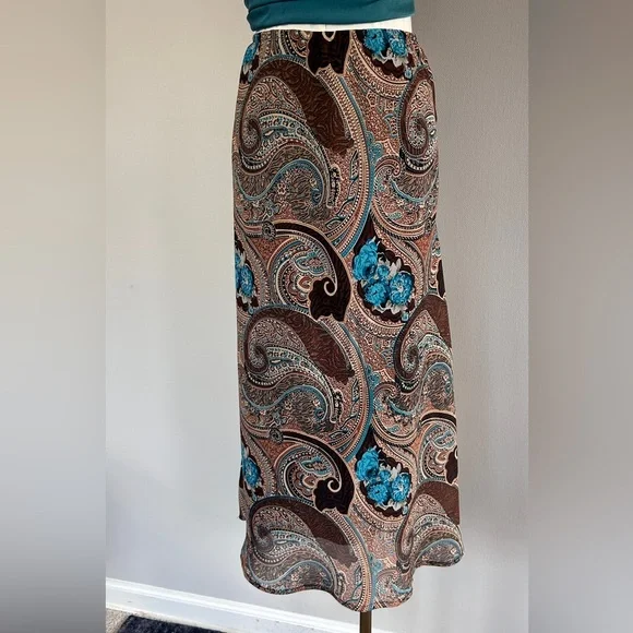 Y2K DRESSBARN Brown Paisley Sheer Overlay Midi Skirt Whimsigoth Fairy Boho Sz M - Picture 3 of 7
